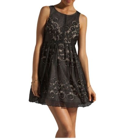 Free People Womens Rocco A Line Dress Black Pleated Button Lined Lace Cut Out 6